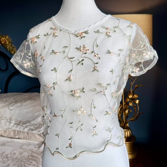 White Mesh With Pink Floral Embroidered Pattern T Shirt - Picture 1 of 7